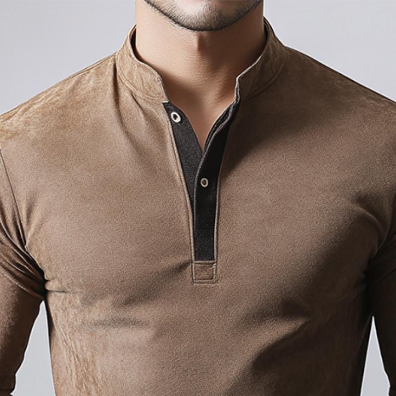 Men's Classic Casual Stand Collar Suede Long Sleeve Polo Shirt 14463713K