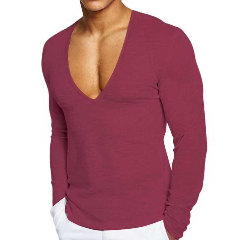 Men's Solid Deep V Neck Long Sleeve Cotton T-shirt 43199773Z