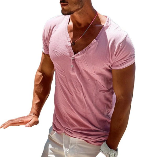 Men's Solid Buttons V Neck Short Sleeve T-shirt 68774969Z