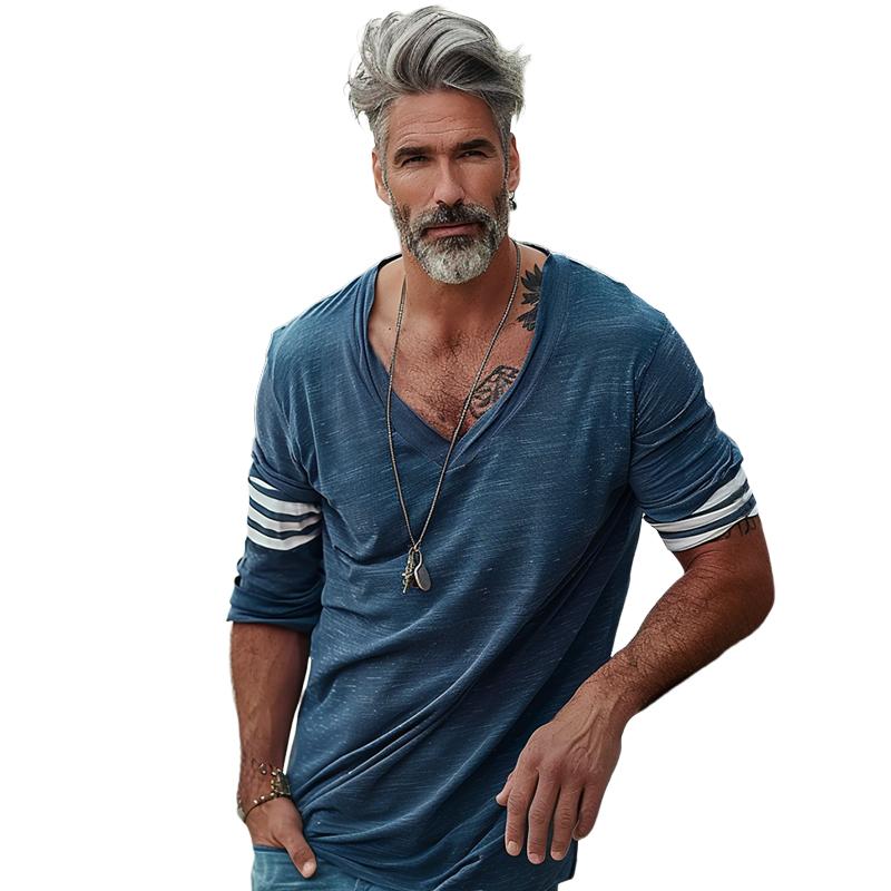 【Envío en 24 horas】Camiseta de manga larga con cuello en V y rayas de patchwork para hombre 66090274Y