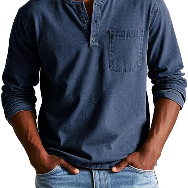 Men's Vintage Washed Henley Collar Long Sleeve T-Shirt 34795870X