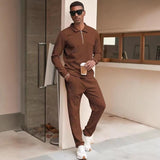 Men's Casual Jacquard Zipper Lapel Long Sleeve Polo Shirt Sports Pants Set 22827630M