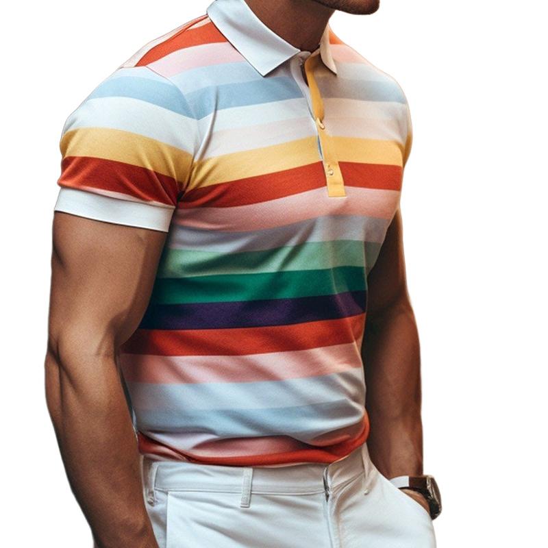 Men's Stripe Print Short Sleeve Lapel Polo Shirt 56376055X