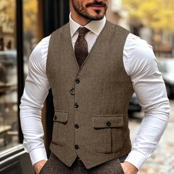 Men's Vintage Herringbone Pocket V-Neck Single Breasted Suit Vest 22210914Y