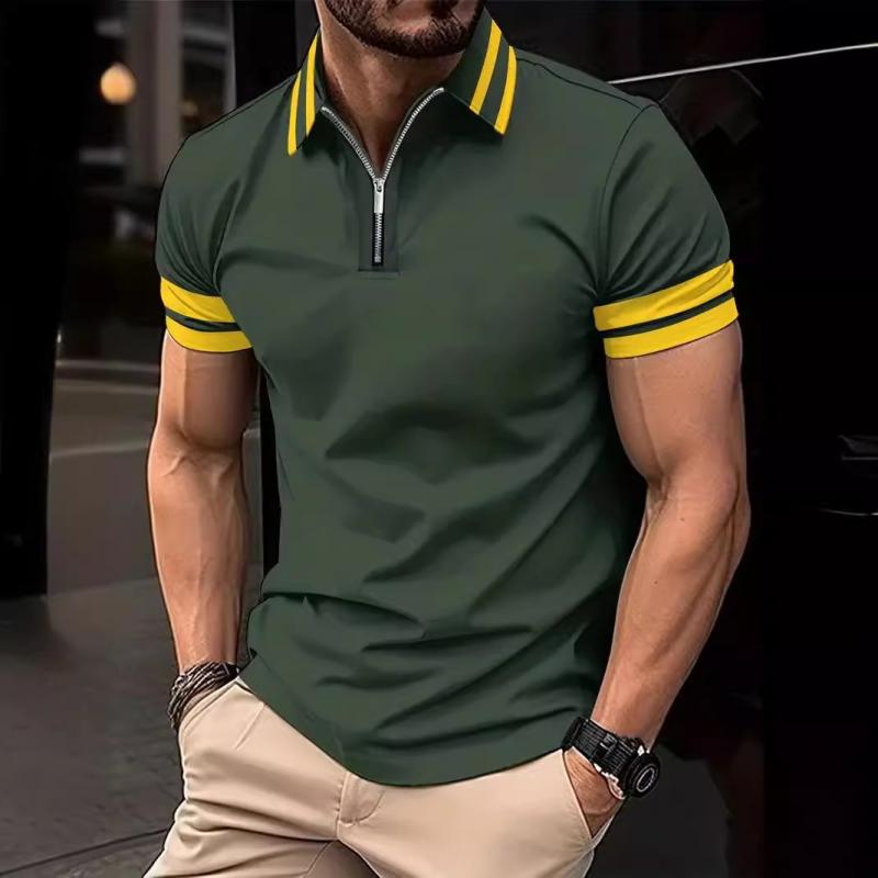 Men's Colorblock Zipper Lapel Short Sleeve Polo Shirt 14180623Y