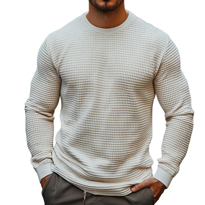 Men's Retro Casual Solid Color Waffle Round Neck Long Sleeve T-Shirt 53998555TO