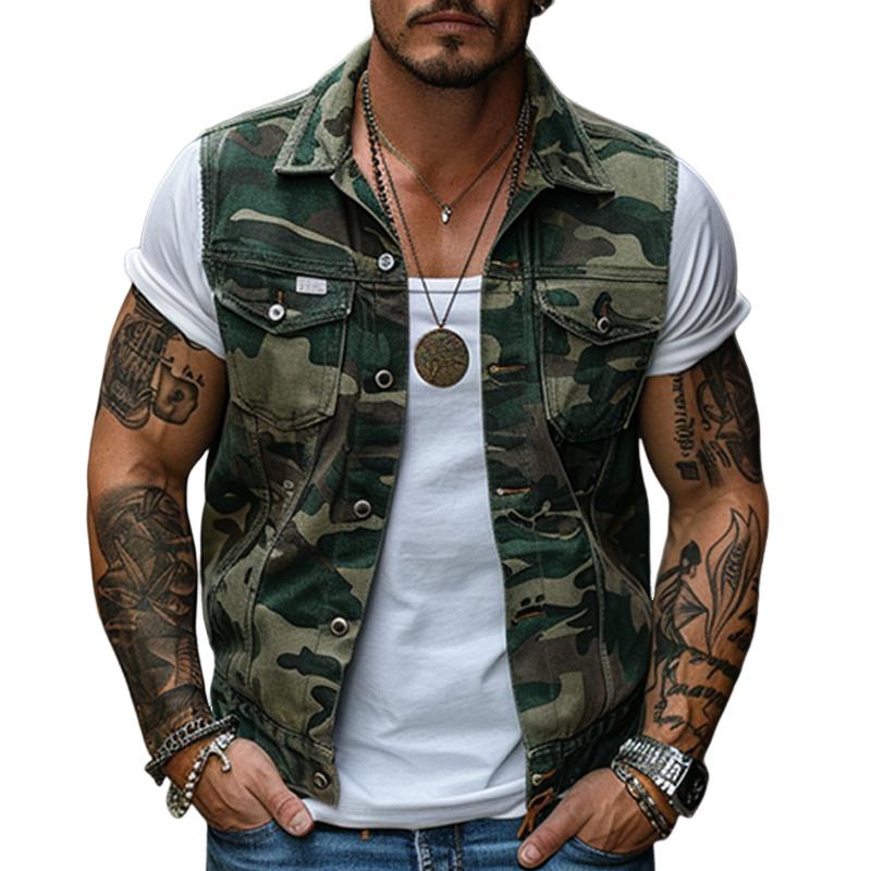 Herrenweste aus Canvas mit Revers im Vintage-Camouflage-Stil 83480535X