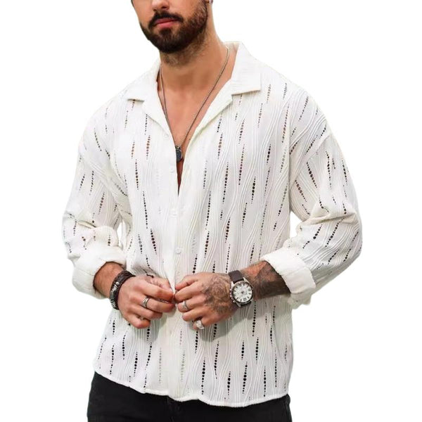 Men's Solid Color Hollow Out Lapel Long Sleeve Shirt 60637392Z