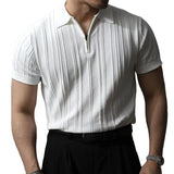 Men's Solid Striped Zip Lapel Short Sleeve Polo Shirt 04003477Z
