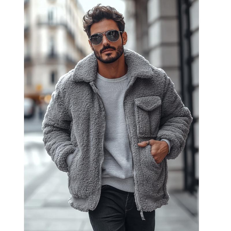 Men Fashion Lambswool Warm Multi-Pocket Lapel Coat 54742729Y