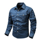 Men's Solid Multi-pocket Lapel Long Sleeve Cargo Shirt 40734484Z