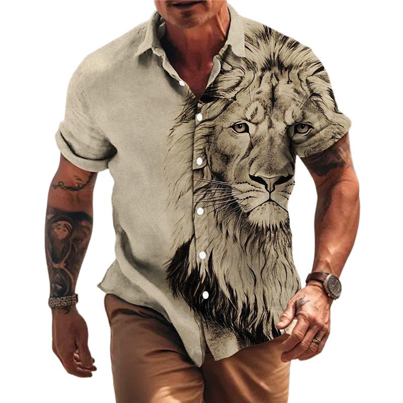 Men's Tiger Print Lapel Short Sleeve Shirt 00275490U