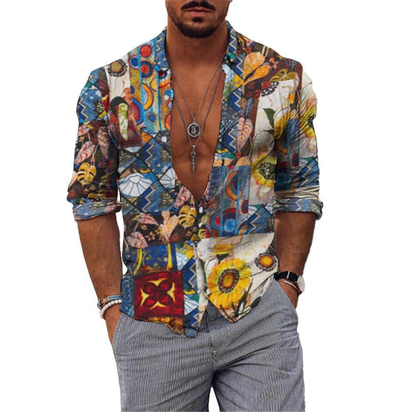 Men's Printed Lapel Long Sleeve Casual Shirt 82889840Z