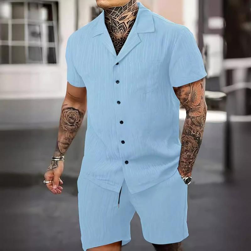 Men's Casual Lapel Short Sleeve Shirt Loose Shorts Set 67186198M