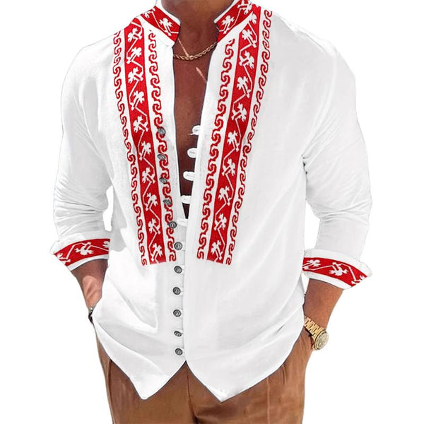 Men's Retro Casual Ethnic Style Geometric Print Stand Collar Long Sleeve Shirt 18288056TO