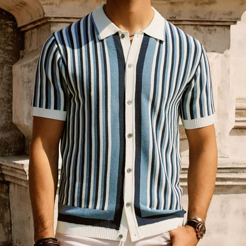 Men's Casual Ice Silk Striped Knitted Lapel Short-Sleeved Cardigan 08944932M