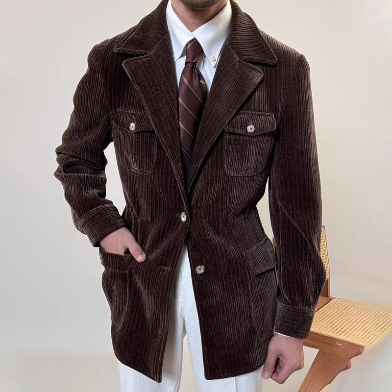 Men's Vintage Corduroy Notch Lapel Multi-pocket Two Buttons Blazer 19638199Z