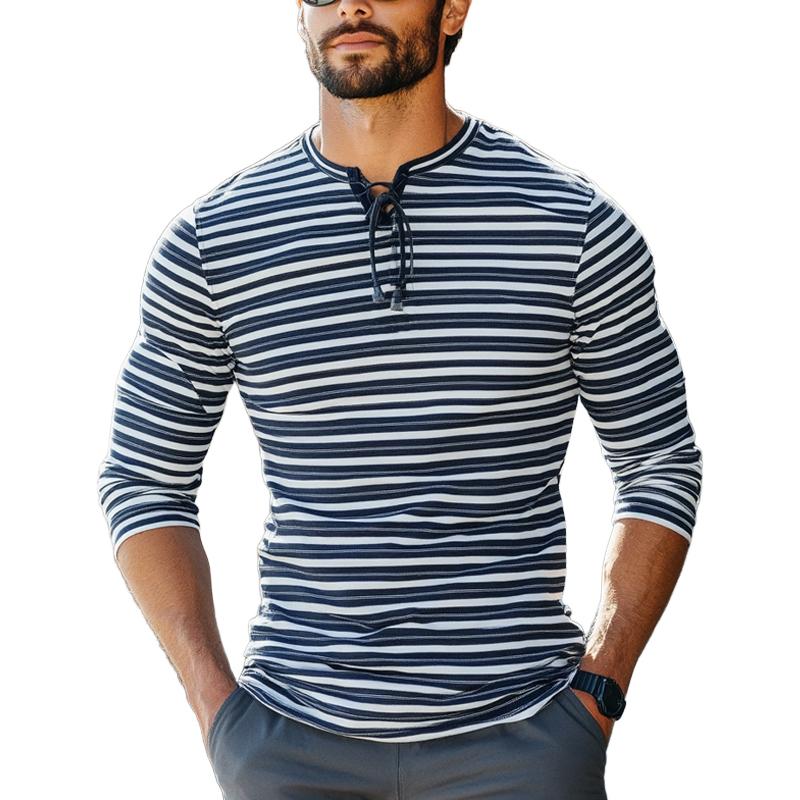 Men's Blue and White Striped Lace-up Long-sleeved T-shirt 86368416U