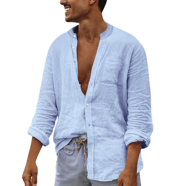 Men's Solid Color Cotton And Linen Loose Stand Collar Long Sleeve Shirt 14806639Z