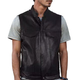 Men's PU Leather Single Breasted Cardigan Multi-Pocket Stand Collar Vest 30665861U