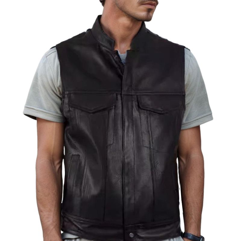 Men's PU Leather Single Breasted Cardigan Multi-Pocket Stand Collar Vest 30665861U