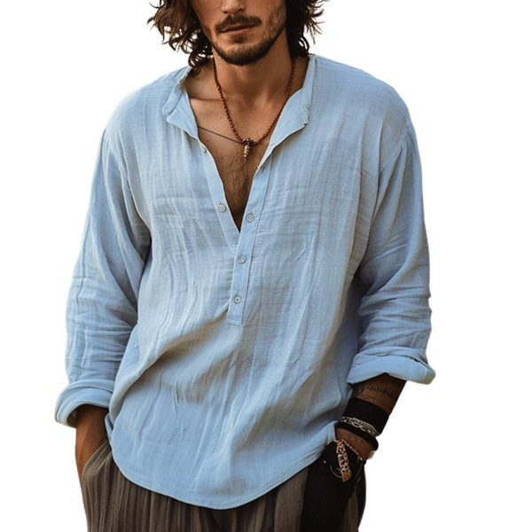 Men's Linen Solid Button V-Neck Long Sleeve Shirt 61289667Y