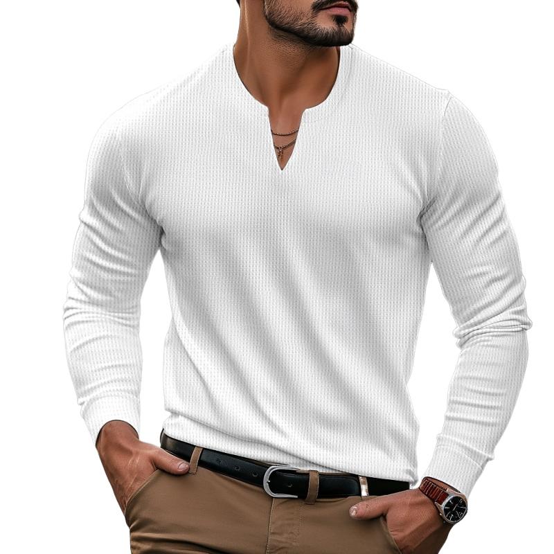 Men's Fashion Waffle V Neck Slim Fit Long Sleeve T-Shirt 21248183Y