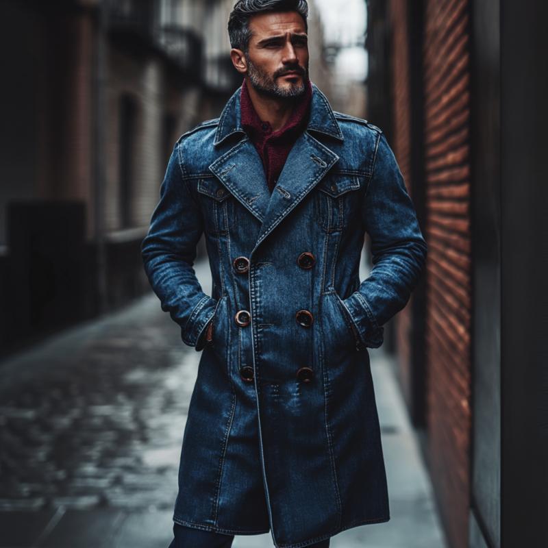 Men's Vintage Washed Distressed Notch Lapel Double-breasted Knee-length Denim Coat 10915763M