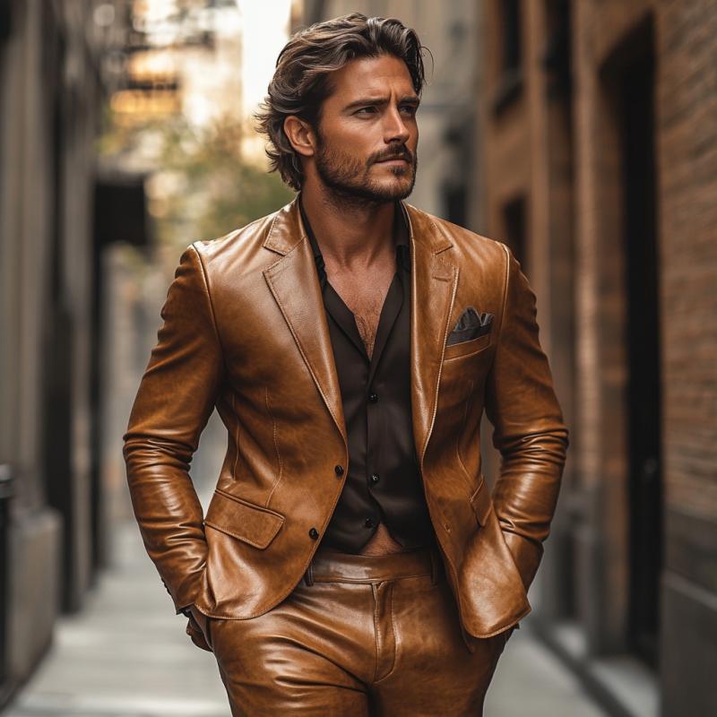 Men's Vintage Leather Notched Lapel Single Breasted Slim Fit Blazer 32991759M