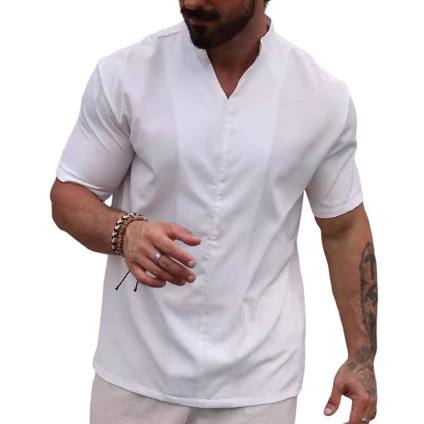 Men's Casual Loose Stand Collar Short Sleeve Solid Color Shirt 15579385X