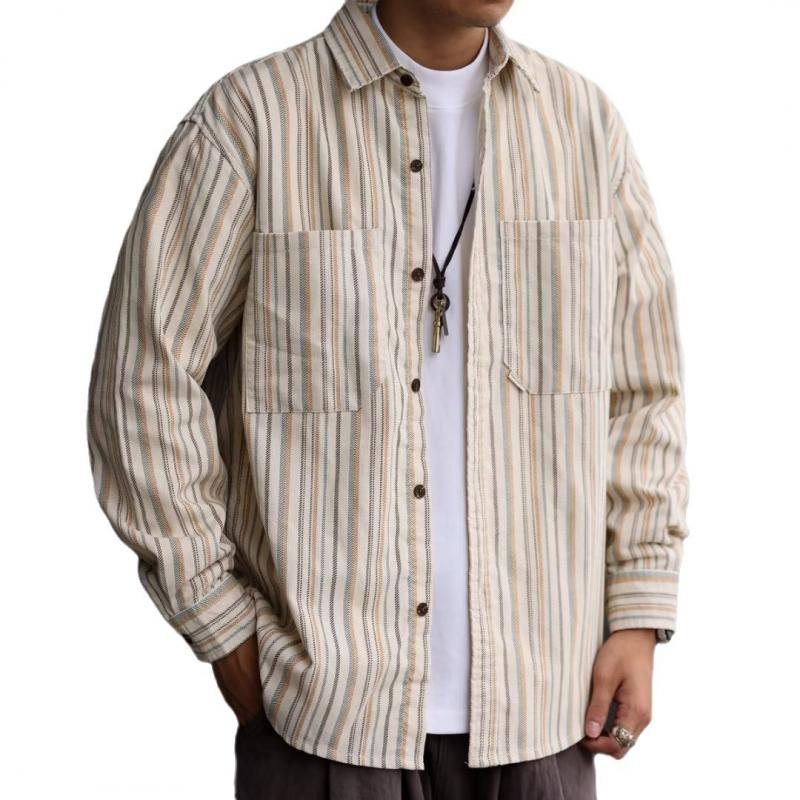 Men's Casual Striped Loose Lapel Patch Pocket Long Sleeve Shirt 32379389M