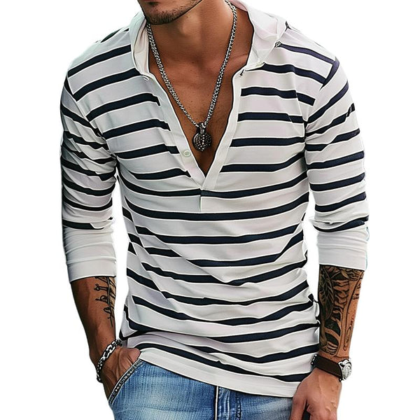 Men's Navy Style Striped Hooded Long Sleeve T-shirt 40925008Z