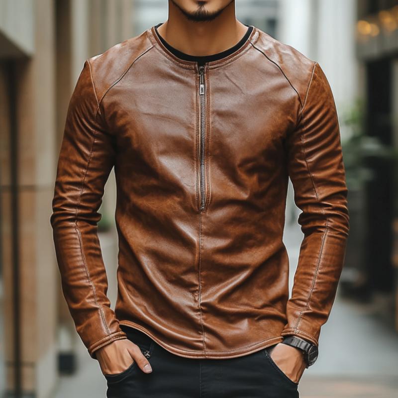 Men's Casual Fashion Round Neck Zipper Slim Leather Long Sleeve T-Shirt 98608514K