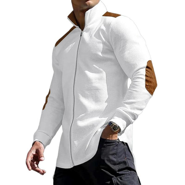 Men's Color Block Waffle Zipper Stand Collar Long Sleeve Shirt 49036756Y