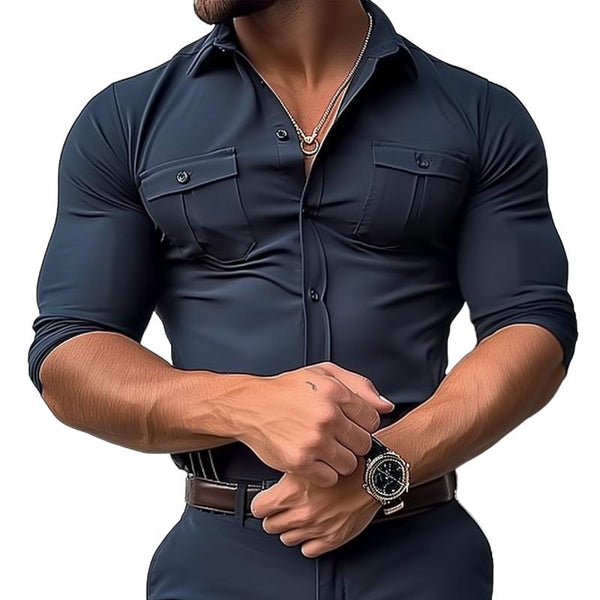 Men's Solid Color Lapel Breast Pocket Long Sleeve Shirt 85248410Z