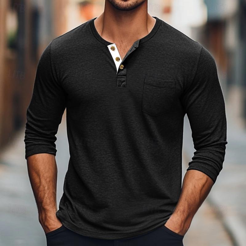 Men's Solid Color Button Round Neck Long Sleeve T-Shirt 64559660Y