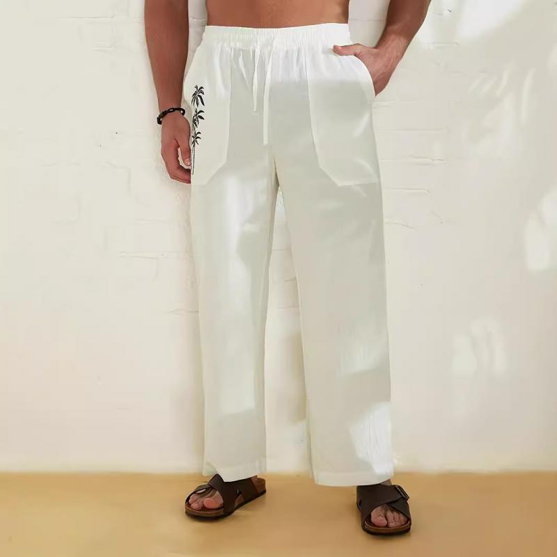 Men's Pocket Print Cotton And Linen Elastic Waist Loose Casual Pants 73837487Z