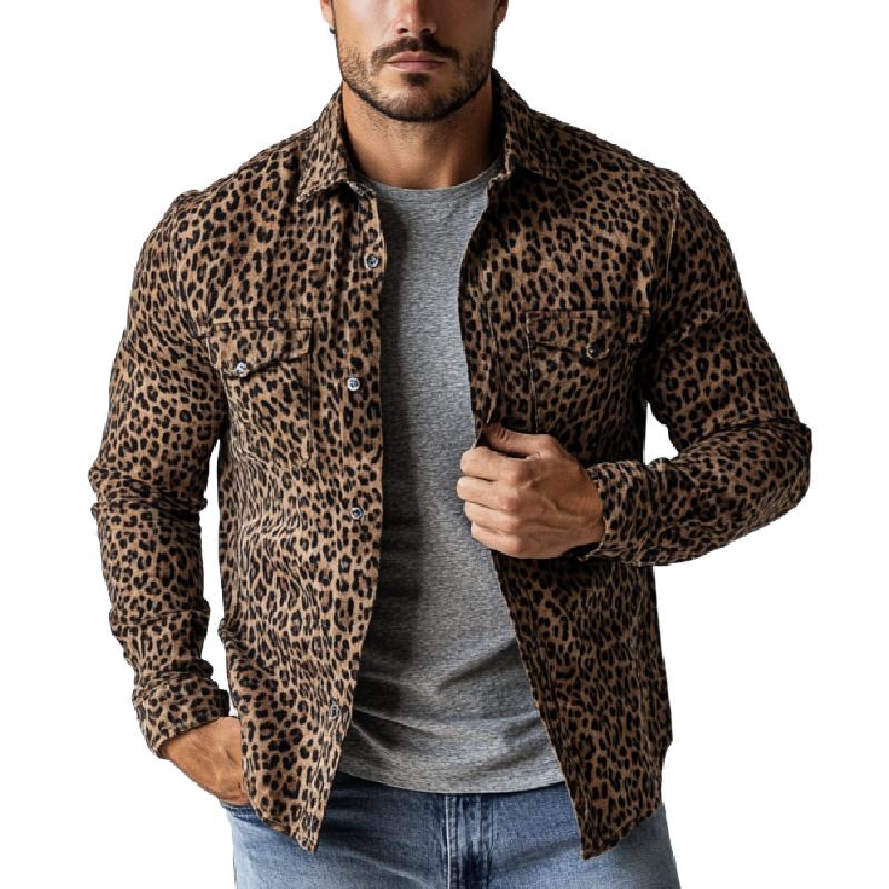 Men's Smart Casual Leopard Suede Print Thin Long Sleeve Shirt 24507267Y