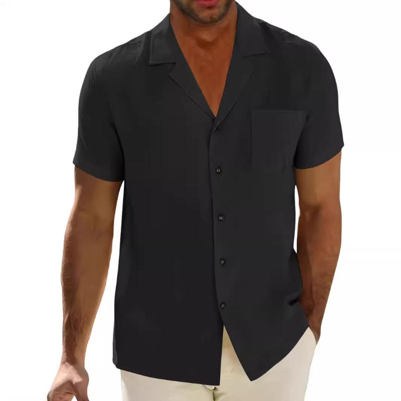 Men's Solid Cuban Collar Chest Pocket Short Sleeve Shirt 60383137Y