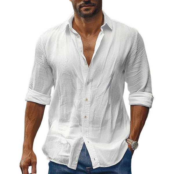 Men's Solid Color Cotton and Linen Thin Long-sleeved Shirt 01158722X