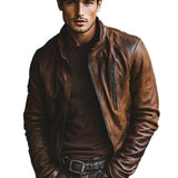 Men's Vintage Stand Collar Zipper Leather Jacket 26820614U