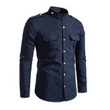 Men's Casual Stand Collar Flap Pocket Slim Fit Long Sleeve Shirt 14835389M