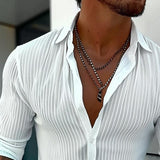 Men's Solid Color Striped Lapel Long Sleeve Shirt 94598700Z