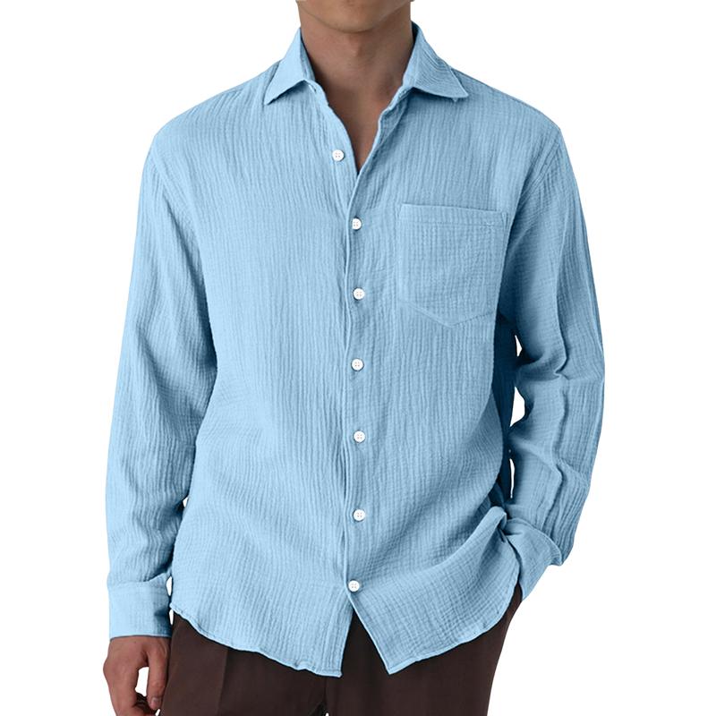 Men's Casual Cotton Linen Pleated Lapel Patch Pocket Slim Fit Long Sleeve Shirt 86231655M