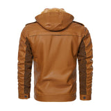 Men's Vintage Contrast Patchwork Stand Collar Hooded Zip Leather Fleece Jacket 44720410M