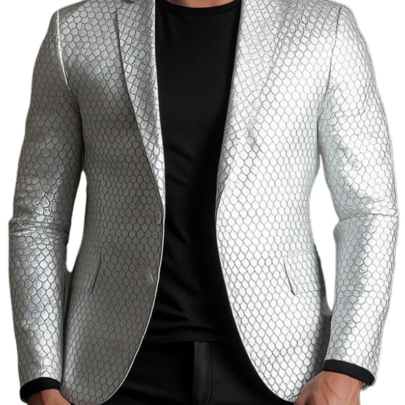 Men's Solid Color Lapel Two-button Fish Scale Pattern Leather Blazer 14105944F