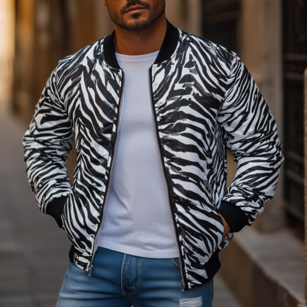 Men's Fashion Zebra Stripe Print Baseball Collar Zip-Up Bomber Jacket 54499923M