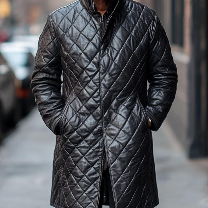 Men's Classic Stand Collar Mid-Length Quilted Zipper Leather Coat 66112061F