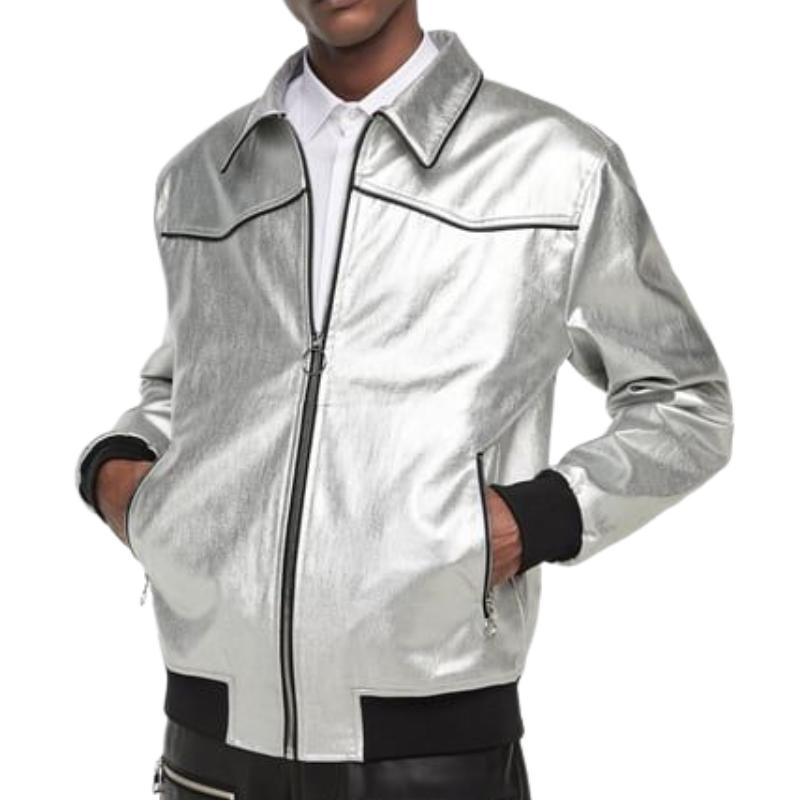 Men's Trendy Casual Silver Lapel Leather Jacket 08069575F