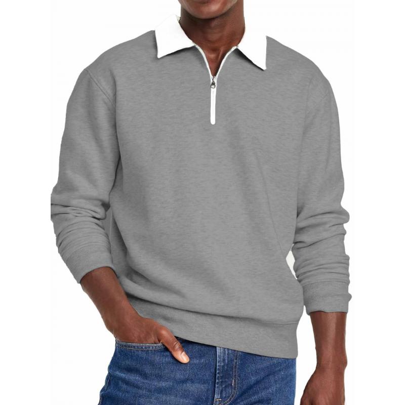 Men's Casual Half Zip Contrast Color Lapel Loose Long Sleeve Polo Shirt 93098285M